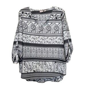 Chico's Black & White Paisley Roll-Tab Sleeve High-Low Hem Tunic Size 3 (XL)